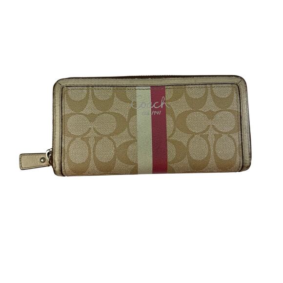 Coach Continental Wallet Brown Pink Designer Leather Signature Stripe Zip Around - Picture 1 of 14